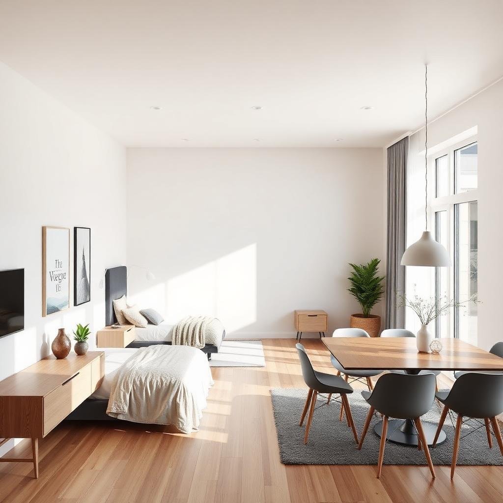 Bright minimalist interior with bedroom and dining furniture