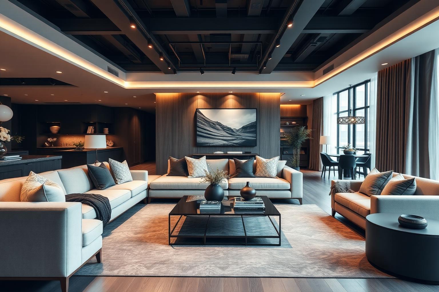 Modern living room showroom with elegant sofas and coffee table