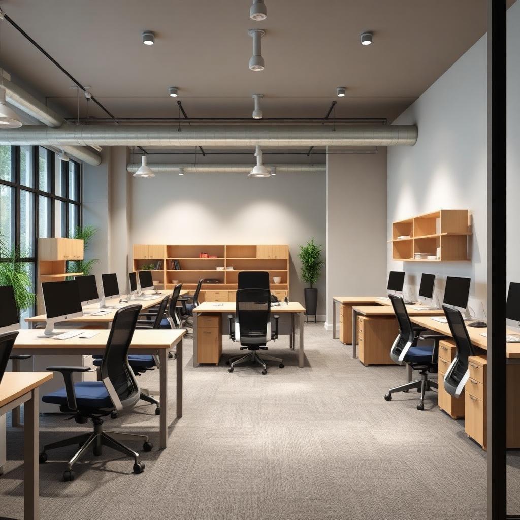 Modern office furniture showroom with desks and ergonomic chairs